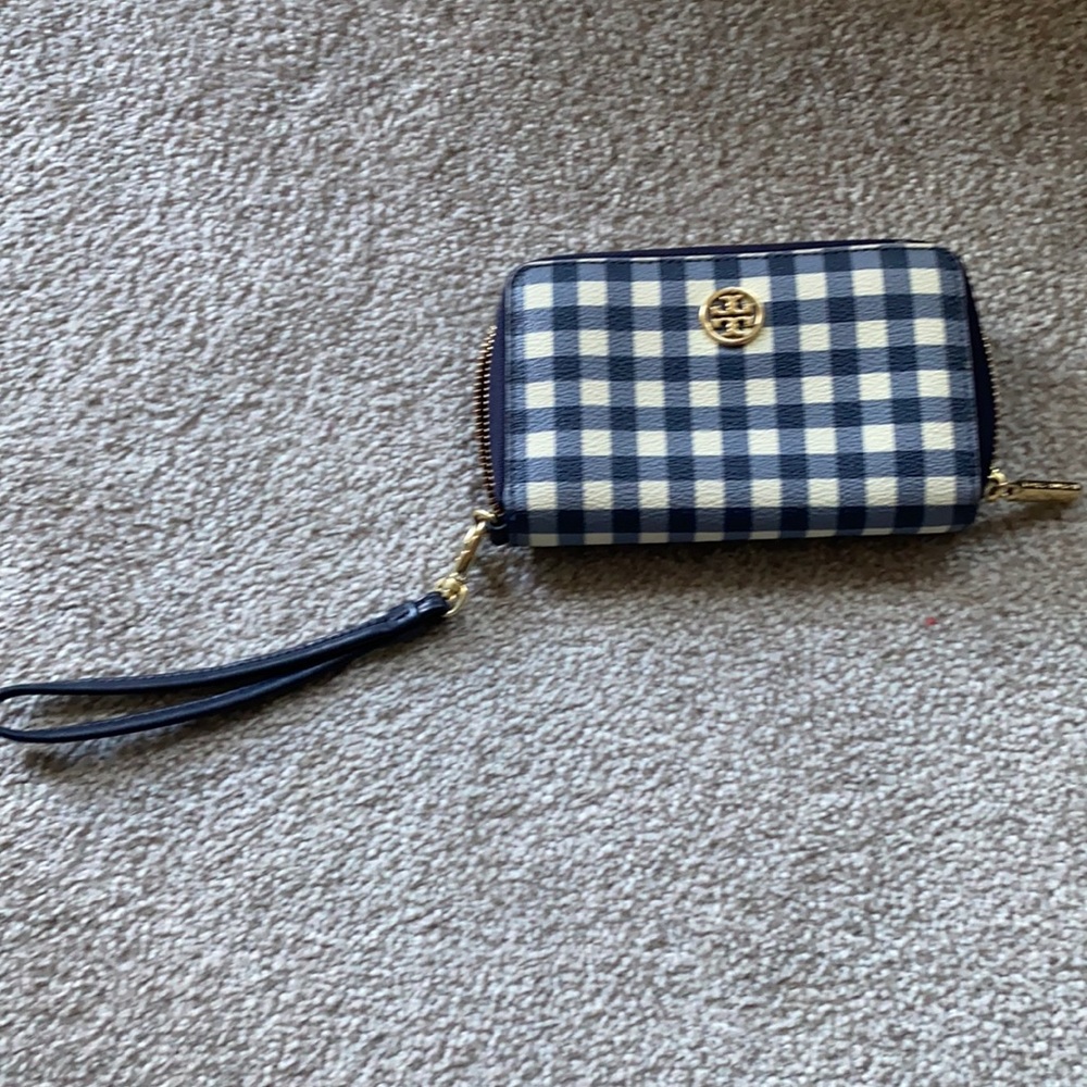 Tory Burch gingham blue and white wristlet